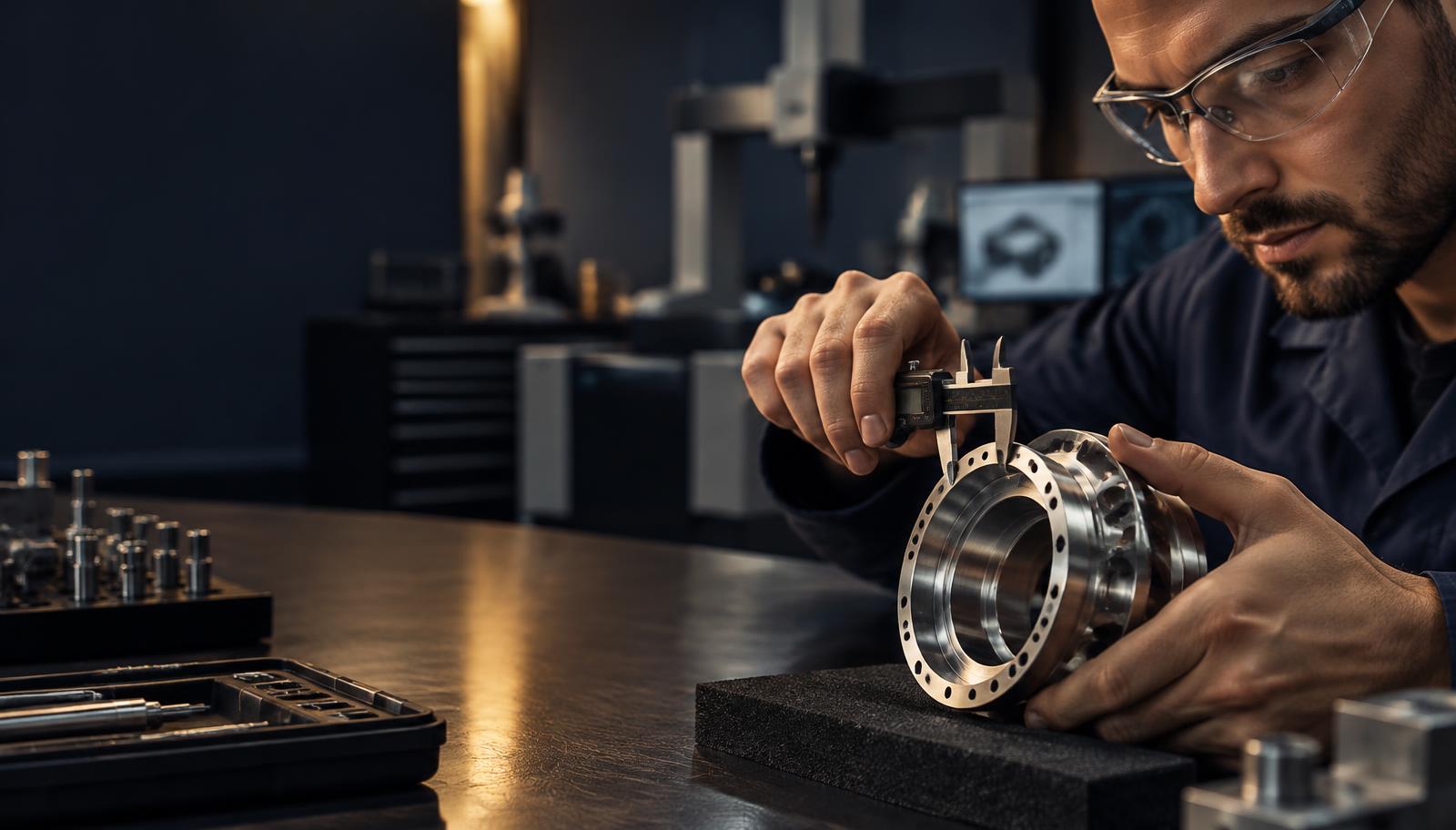 A specialist carefully measuring a precision-engineered component